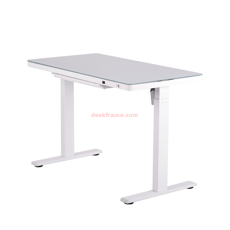 Glass Standing Desk, Electric Glass Desk with Drawers Adjustable Height , Quick Install Stand Desk with Storage for Computer Desk, White