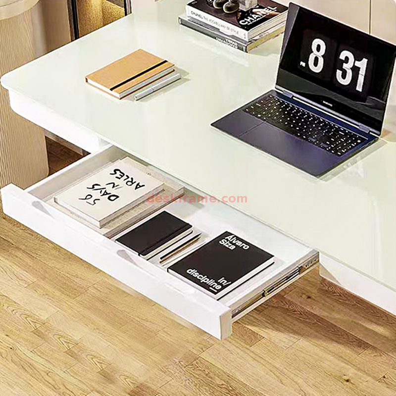 Glass Standing Desk, Electric Glass Desk with Drawers Adjustable Height , Quick Install Stand Desk with Storage for Computer Desk, White